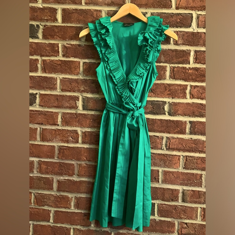 Emerald green faux wrap dress with belt.